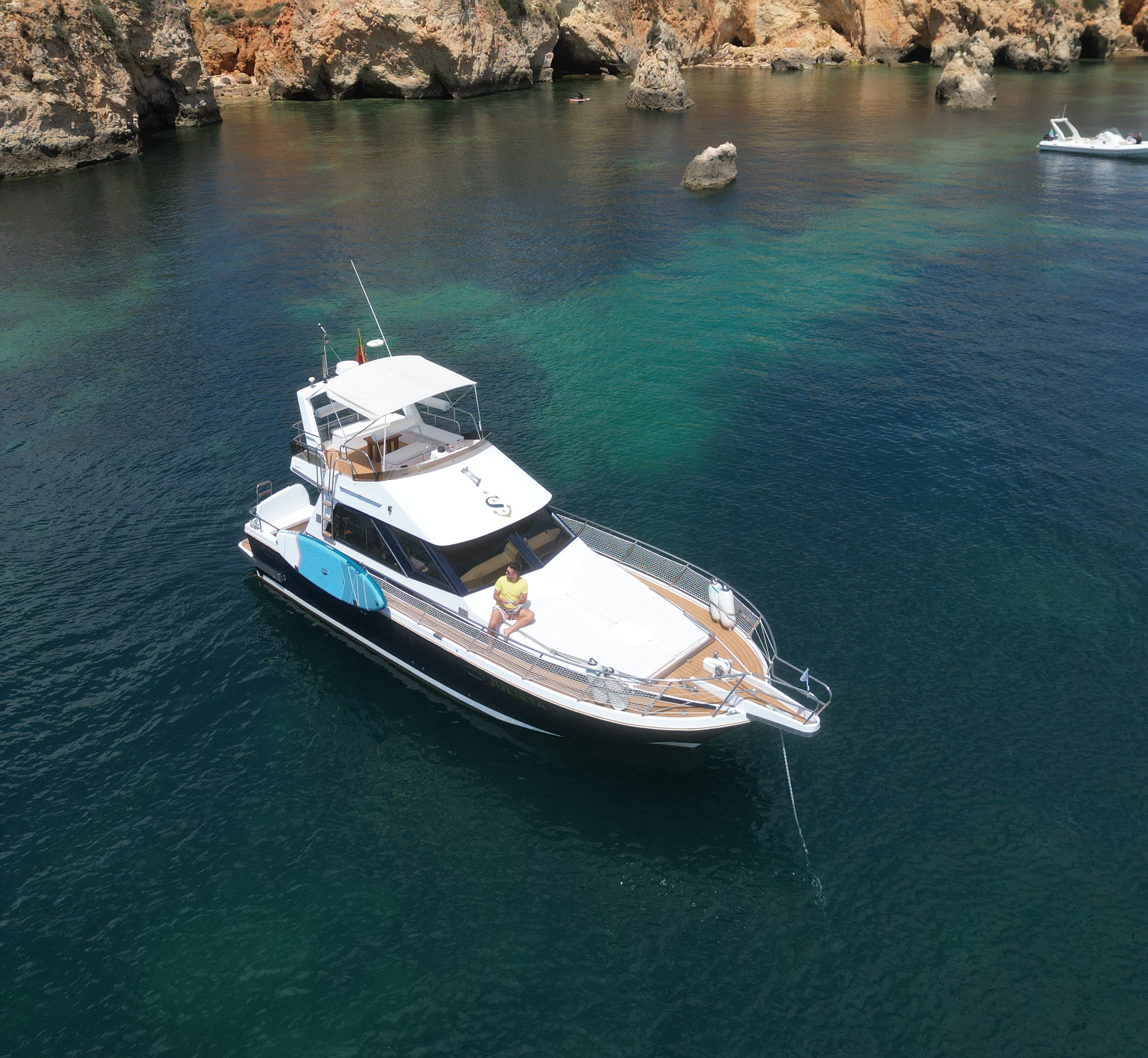 Julieta seen from above, anchored over clear water off the Algarve coast.